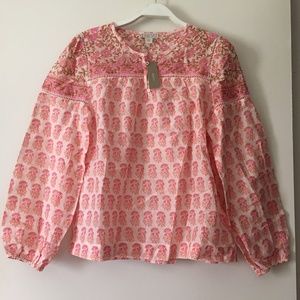 NWT POINT SUR x J CREW Block Print Pink Peasant Blouse XS